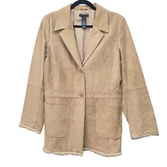 Kenneth Cole New York Jackets & Blazers - Kenneth Cole Suede Leather Jacket Rabbit Fur Trim Womens Large Bohemian Hippie